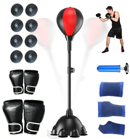 Punching Ball, Boxball Standboxsack Höhenverstellbar 110-160 cm, Boxtrainer | mit 8 Saugnapf-Basis, Reflexball für Erwachsene, Boxset mit 2 Paar Boxhandschuhen, Schutzausrüstung und Luftpumpe