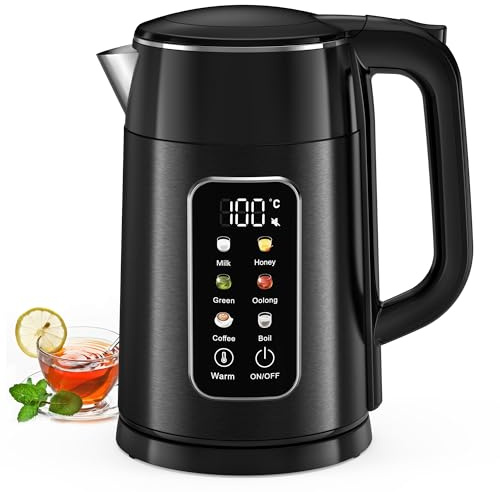 Bollitore Elettrico con Temperatura Regolabile, 2200W 1.7L, 6 Programmi Preimpostati, Acciaio Inox 304, Senza BPA, Display LED, Funzione Mantieni Caldo 2H, Base 360°, Nero (Nero opaco)