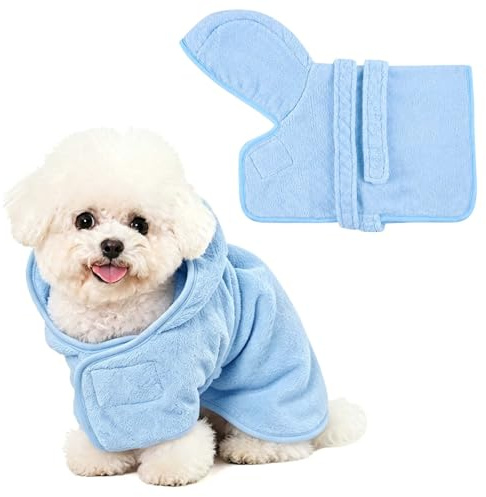 Yaopelky Hundebademantel mit Kapuze – Schnell trocknendes, super saugendes Hundebadetuch, verstellbare Taille, weicher Pflegerobe für kleine, mittlere Hunde & Welpen (Blau, M(unter 6.5kg))