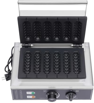 Qurib Kommersiell majs varmkorv våffeljärn, 1 500 W, 6 former, non-stick, hot-dog-maskin i rostfritt stål, dubbel övre och nedre värmeplatta, för hem, fest, snackbar
