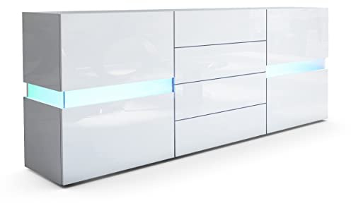 Vladon Sideboard Flow, Made in Germany, Weiß Hochglanz/Weiß Hochglanz inkl. LED - Moderne Kommode mit Ambient Light Verglasung für Ihr Wohnbereich (177 x 75 x 39 cm)