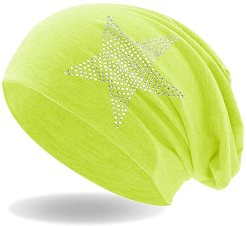 Hatstar Strass Stern Damen Beanie Mütze | elastisches Slouch Long Beanie | Mädchen Mütze | mit edler Strass Applikation | leicht und weich