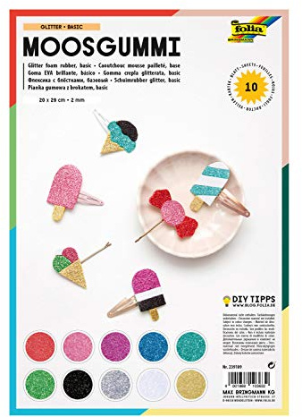 folia 239109 - Moosgummi Glitter, 2 mm, ca. 20 x 29 cm, 10 Bögen, sortiert in 10 Glitzerfarben, nicht selbstklebend - ideal für vielseitige Bastelarbeiten