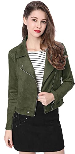 Allegra K Women Short Soft Zip Up Faux Suede Biker Moto Jacket Small Olive Green