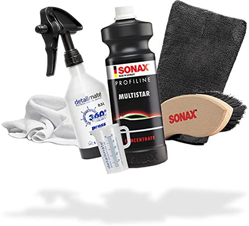detailmate Set di Pulizia per Interni Sonax: ProfiLine MultiStar + Spazzola in Tessuto e Pelle + misurino + flacone Spray da 0,5 l + Guanto di precisione + Spugna per Insetti + Panno in Microfibra