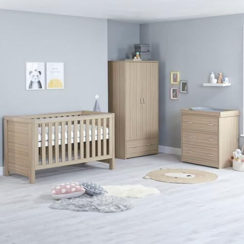 Babymore Luno 3 Piece Nursery Room Set Oak - 1 Baby Cot Bed & One 2 Door Wardrobe Having Full Size Drawer & 1 Chest Changer, Wooden Chest Of Drawer Storage Cabinet | 3 Piece Nursery Room Set - Oak
