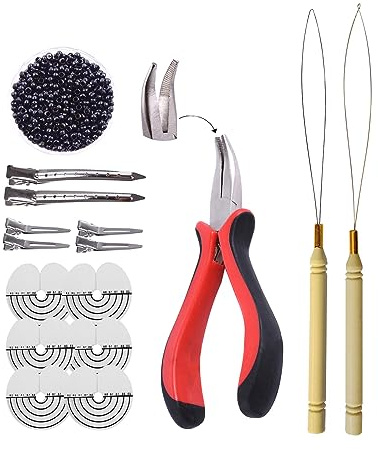 Hair Extensions Kit: I-tip Hair Pliers,Pulling Needle,Loop Threader and 500 Pieces 2.5mm Hair Extension Nano Beads Rings (Black)