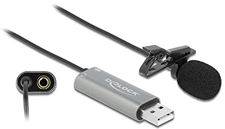 Delock USB Krawatten Lavalier Mikrofon Omnidirektional 24 Bit / 192 kHz mit Clip und 3,5 mm Stereoklinken-Kopfhöreranschluss