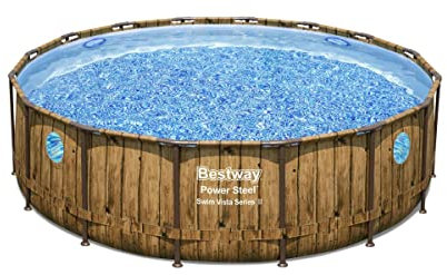 Bestway Power Steel Swim Vista Series Frame Pool Komplett-Set mit Filterpumpe Ø 488 x 122 cm, Holz-Optik (Pinie), rund