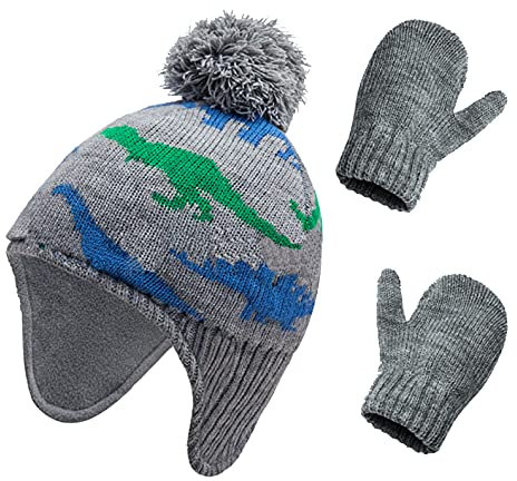 Wintermütze Set Junge Mädchen Mütze Handschuhe Set Fleecefutter Strickmütze Strickhandschuhe Cartoon Dinosaurier Bommelmütze Fäustlinge Kinder Beanie Mütze Fausthandschuhe für Outdoor Sport Skifahren