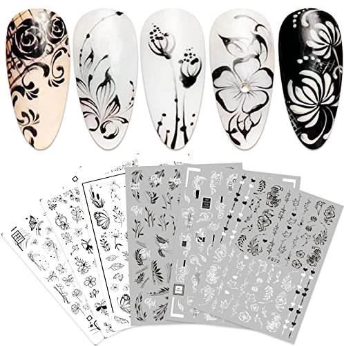 10 Sheets Black & White Flower Nail Stickers Self-Adhesive Nail Art Decal Butterfly Nail Design Decoration