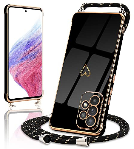 Micoden Handykette für Samsung Galaxy A53 5G Hülle mit Band Herz | Necklace Handyhülle Kameraschutz Herz Love Design Slim Galvanik Silikon TPU Case Kordel zum Umhängen Schutzhülle, Schwarz