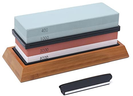 Ailgely Sharpening Stone Set, 400/1000 3000/8000 Double-Sided Whetstone Cutting Set, Whetstone with Non-Slip Bamboo Base and Free Angle Guide, for Metal Blade Sharpening and Polishing