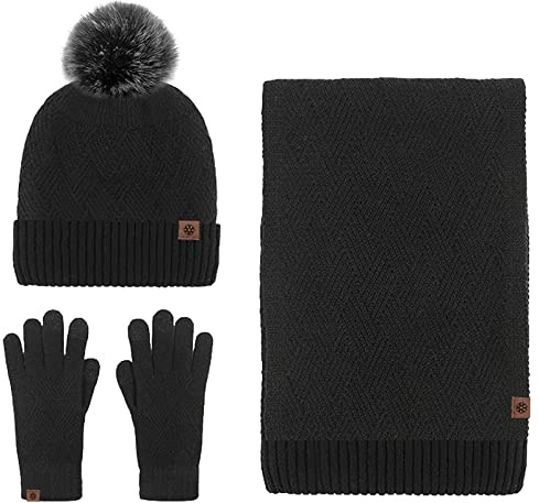 Anopo Schal Mütze Handschuh Set Damen Touchscreen Handschuhe Lange Warm Schal Beanie Strickmütze mit Bommel Winter Warm Dickes Satz Schwarz