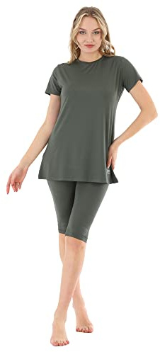 eo elif okur Islamic Short Sleeve Swimsuits for Women Modest Muslim 4 PCS | Full Cover Rash Guard Burkini | Arabic Swimwear (Khaki/XXL)
