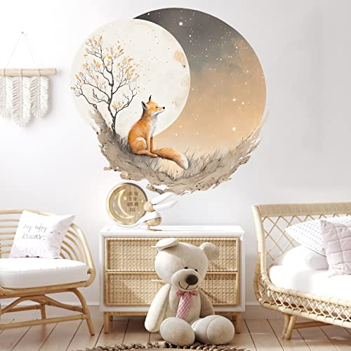 WANDKIND Fuchs Mond Wandtattoo Rund Kinderzimmer V411 | handgezeichnet | AUFKLEBER Kindergarten | Wandsticker Babyzimmer Mond (120 x 120 cm)