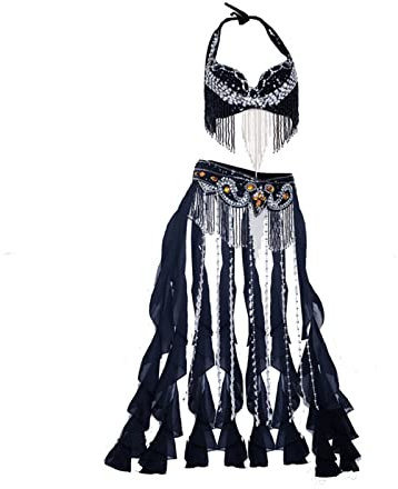 AGAATI Fransenband Bauchtanz BH Gürtel Damen Bauchtanz Set Karneval Bauchtanz Kostüme Bauchtanz Outfit Neckholder BH Gürtel Anzug (Schwarz L)