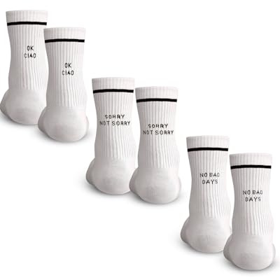 Made by Nami Weiße Crew Socks 3-er Set aus Baumwolle • Herren & Damen Retro Tennis-Socken • Atmungsaktiv • Weiße Socken mit Sprüchen • Lustige Socken