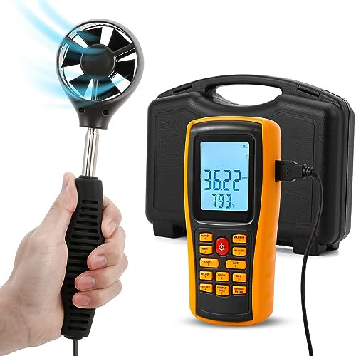 Bonvoisin Anemometer Handheld CFM/CMM Air Flow Velocity Meter Wind Speed Gauges with Backlight LCD Display for HVAC in-Duct Airflow Air Velocity Temperature (Vane Anemometer)