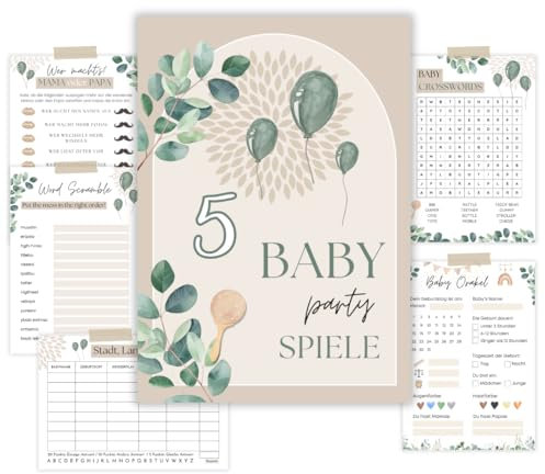 Babyparty Spiele Set, 5 lustige Babyshower Spiele (12 Faltblätter), Babyparty Geschenk, Babyshower Spielkarten neutral, Baby Orakel