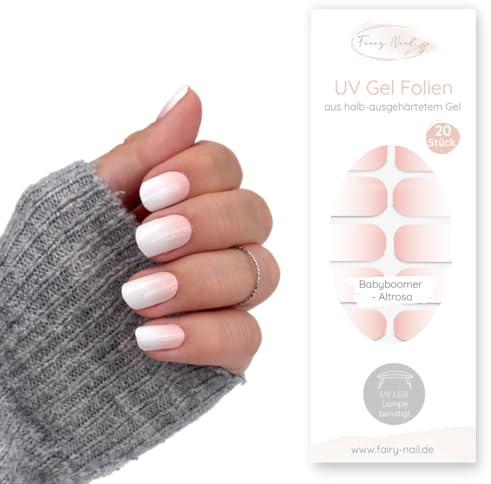 Fairy Nail UV Nagelfolien – Halb ausgehärtete Gelfolien für natürliche Gel Nails zuhause – Selbstklebende Nail Wraps mit UV Finish (20 Stück) (Babyboomer Altrosa)
