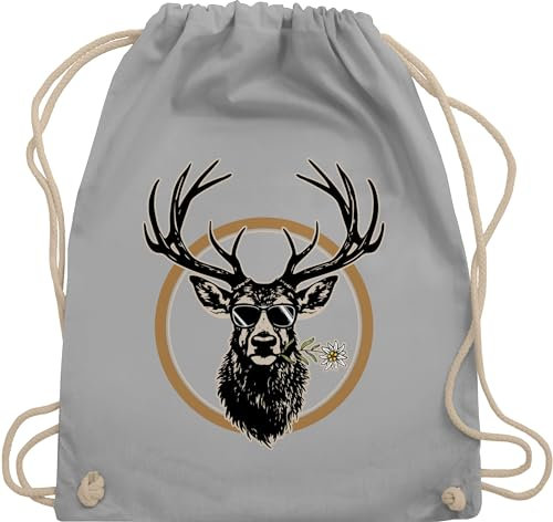 Turnbeutel Rucksack - Kompatibel mit Oktoberfest Tasche - Cooler Hirsch Hirschgeweih Jäger - Unisize - Hellgrau - trachtenrucksack bayrische hirsche taschen trachtentaschen bayrisch edelweiß