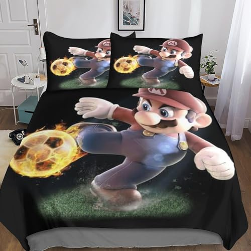 Super Mario Parure De Lit 3D,Microfibre Cartoon Movie Housse De Couette Et Taies d'oreiller,Fermeture Éclair, 3 Pièces Ensemble De Literie Housses De Couettes Double（200x200cm）