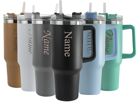 Personalised Engraved Thermal Tumbler, 40oz/1135ml Insulated Travel Cup, Large Black Travel Coffee Mug, Customise with Any Name and Font, Stainless Steel, Straw and Handle
