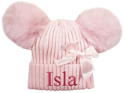 JJLC Personalised Baby Girl Pom Pom Bow Hat Knitted Bobble