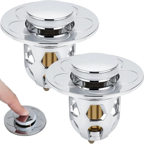 2-Pack Bathroom Sink Drain Strainer & Pop-Up Stopper with Hair Catcher Basket – Push-Type Sink Shroom Plug, Copper & Chrome, Fits 34-40mm / 1.33-1.57 Drain Holes, Kitchen & Bathroom Tub Filter