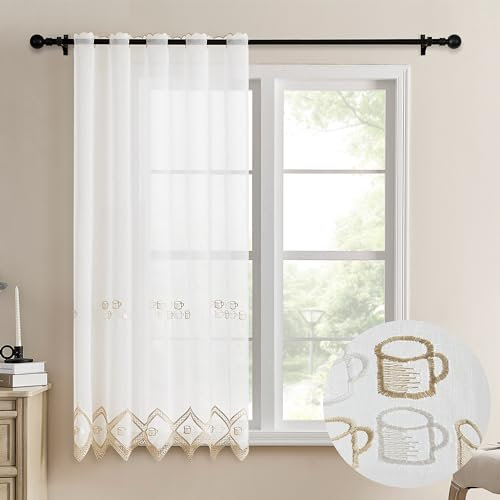 DALINA Textil - Cortina Cocina 105 x 140 cm, Visillo Cocina con Bordados Transparente un Panel 105 x 140 cm (Ancho por Largo), Taza de café