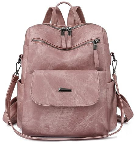 Damen Rucksackhandtaschen aus PU Leder, Wasserdicht Rucksack Damen Reisetasche, Retro Backpack Tagesrucksack Hohe Kapazität Daypack Schultertaschen für Freizeit Reisen Arbeit Schule (Rosa)