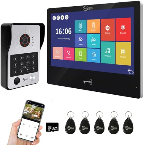 ANJIELO SMART Video Doorbell Intercom System(Wired),1080P Video Door Phone Camera with 10 Inch Touch Monitor, Supports Fingerprint, IC Card, Password Unlocking (Black)