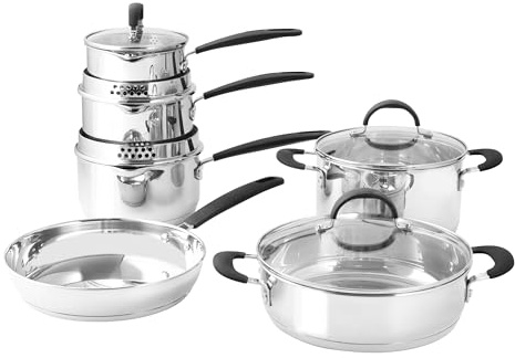 ProCook Gourmet Stainless Steel Cookware Set - 6 Piece, 14/16/18/20/24 cm, 1/1.7/2.4/3.2/3.7 L, Induction Compatible Pans with Stay Cool Handles - Uncoated Saucepan Frying Pan & Stock Pot Set