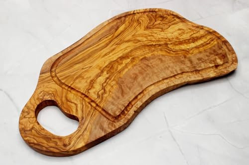 DAGDEG Schneiderbrett aus Olivenholz im Naturschnitt, Steakbrett mit Saftrille,Servierbrett aus Holz,Frühstücksbrett,Käsebrett, Brotzeitbrett, ca.40-43 cm lang, 18-22cm breit, handgefertigt