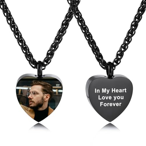 INBLUE Personalisierte Herz Urne Halskette für Frauen Graviert mit Foto/Text Medaillon Asche Halter Engel Flügel Kremation Andenken Anhänger Schmuck für Asche von Geliebten