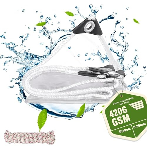 Transparente Wasserdicht Plane mit Ösen, mehrere Größen，420g/m² PVC, 2x3 m | Winterfest, Durchsichtige Abdeckplane für Schutz Pflanzengewächshaus Gartenmöbel LKW Brennholz Boot