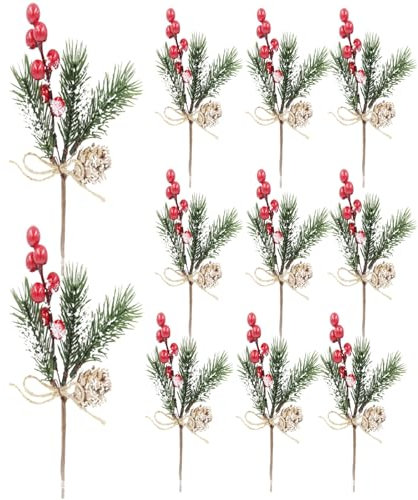 Stechpalmen-Weihnachtsspieße, 10 Stück, 22,9 cm, realistische Stechpalmenbeeren-Spieße, künstliche Tannenzweige mit Tannenzapfen zum Basteln, Weihnachtsblumenarrangements, Kränze, Bastelbedarf, Stechp