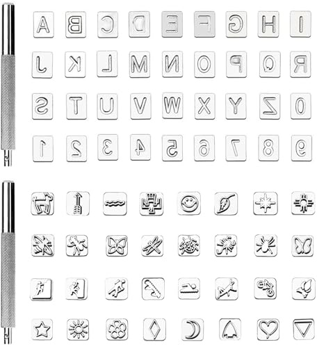 70 Stück Lederstempel Set,Alphabet A bis Z Stanzwerkzeuge 3mm Zahlenstempel 0-9 Prägestempel 6.5 mm Buchstaben Stempel, 32 Stück Tiermotive Stempel, Stanzwerkzeuge für Lederarbeiten