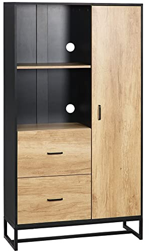 HOMCOM Credenza Cucina Moderna con 2 Cassetti, 2 Ripiani e un Armadietto con 4 Scomparti, Mobile Buffet Stile Industriale con Base in Acciaio, 88x35x160 cm, Nero e Legno