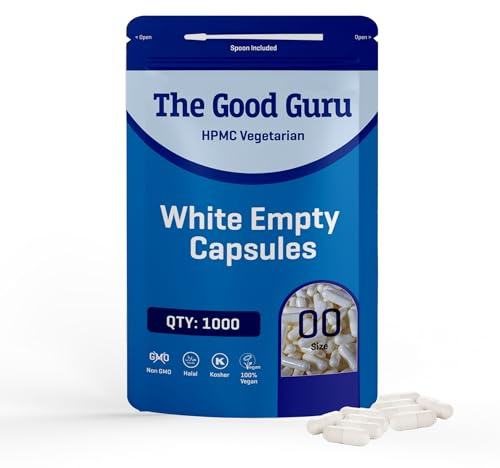 The Good Guru White Empty Vegetarian Capsules Size 00 | Qty 1000 Gluten Free, Non-GMO, Includes Micro Lab Spoon