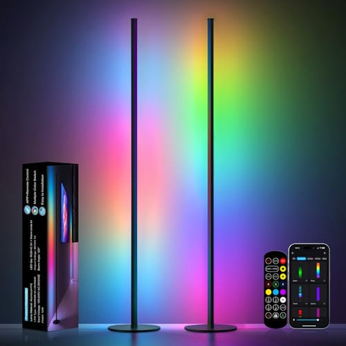 LED Stehlampe Wohnzimmer Dimmbar, 2 Stück Ecklampe mit Fernbedienung und APP, Stehlampe mit 16 Millionen Farben, Musikmodi, DIY-Modus & Timing - Funktion für Wohnzimmer, Schlafzimmer, Spielzimmer