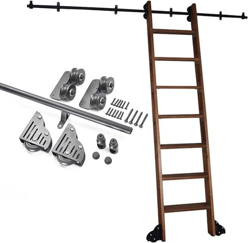 Schiebeleiter-Hardware, rollendes Bibliotheksschienen-Set (ohne Leiter), Schiebe-Scheunentor-Set, Mobile Leiterschiene aus schwarzem Stahlrundrohr mit Bodenrollenrädern + Verlänger