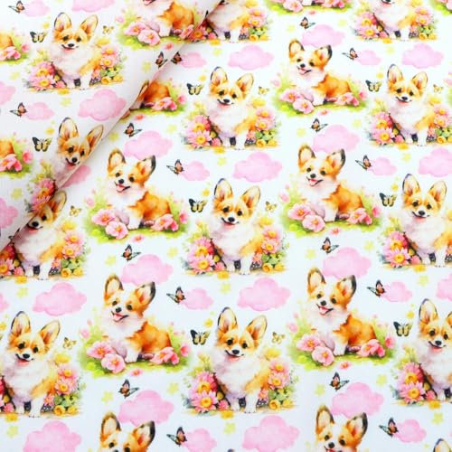Optxzn 50 * 145 cm Corgi Hund Bedruckter Polyester-Baumwollstoff für Gewebe Nähen Quiltstoffe Handarbeitsmaterial DIY Handarbeit