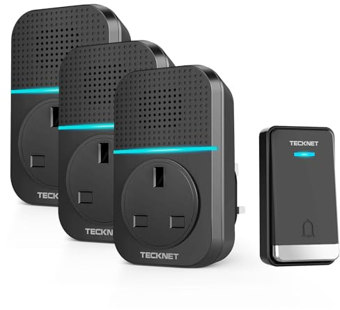 TECKNET Self-Powered Wireless Doorbell with 3 Plug-in Receivers | IP65 Waterproof, 1300ft Wireless Range, 60 Chimes, 5 Volume Levels, LED Flash, Memory Function & Extra Socket