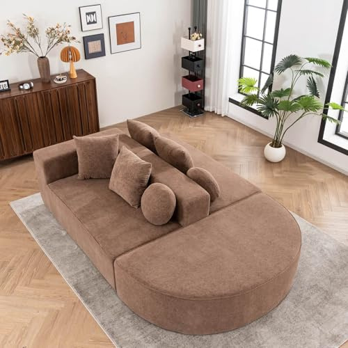 KOMHTOM Divano letto moderno a 5 posti in ciniglia con 6 cuscini, divano componibile multifunzionale a U, comodo divano ad angolo per soggiorno e ufficio (marrone)