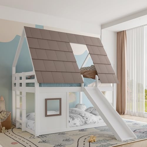TOBIDOEN Haus-Etagenbett 140x200 cm Hausform Bett mit Dach & Fenster, Kinderbett mit kindgerechter Rutsche & Leiter, für 2 Kinder, Kiefernholz+MDF, Ohne Matratze, Weiß+Braun