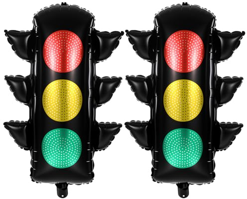 2 palloncini semaforo, 78 cm, in lamina rossa, gialla, verde, segnale di stop, decorazione per auto da corsa, sicurezza scolastica e feste di compleanno a tema trasporti, include 1 cannuccia e nastro