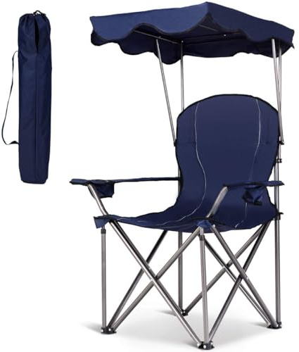 FANTASK Campingstuhl mit Tragtasche, Klappstuhl mit Getränkehalter, Angelstuhl mit Sonnendach, Anglerstuhl, Faltstuhl Ideal 120 kg belastbar für Terrasse, Strand & Camping (Dunkelblau)
