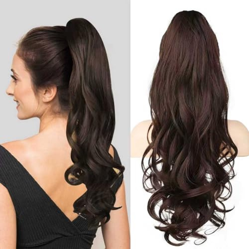 Pferdeschwanz Extension mit Klammer, Lange Wellige Lockige Haarextension 60cm, Synthetisches Haarteil mit Claw Clip, Zopf Haarverlängerung für Damen, Ponytail Verlängerung (Braun)